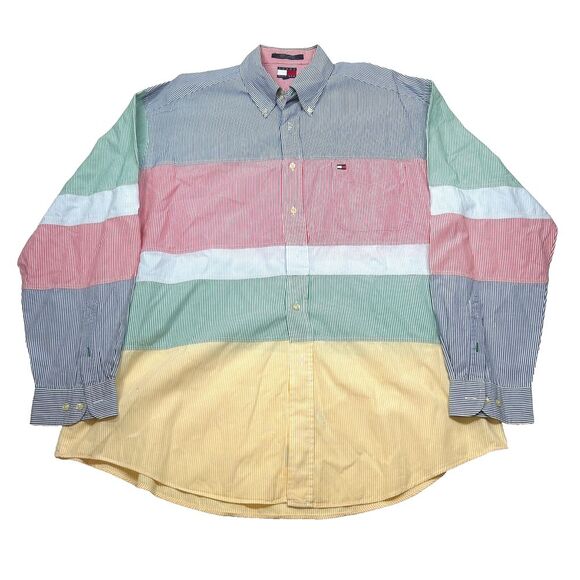 Tommy Hilfiger Fun Shirt Mens XL Colorblock Stripe Long Sleeve Button Up